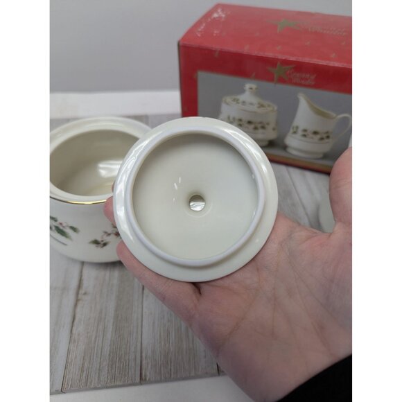 Porcelain Creamer Sugar Bowl Set "A Season Of Wonder" Christmas Holly Design - Picture 6 of 12